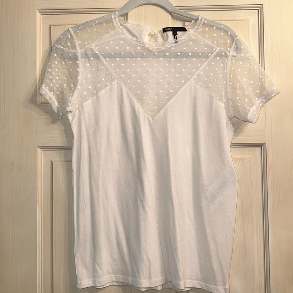 Maje White Tee. Mesh and polka dot details.